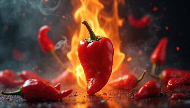 Vibrant red chili pepper in flames. Illustration shows fiery hot ghost pepper with smoke and fire in the background. Spicy food concept for advertisement or design.