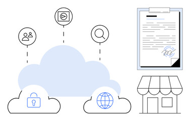 Cloud icons with lock, globe, and user elements linked to data concepts, digital document with a signature and business storefront. Ideal for cloud storage, digital business, online security
