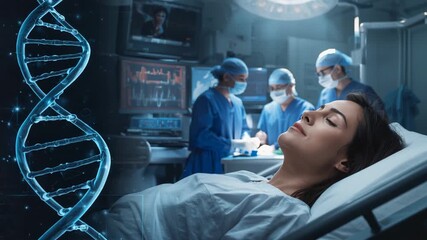 Swirling DNA helix guiding three surgeons performing incision on patient chest in operating theater - Powered by Adobe