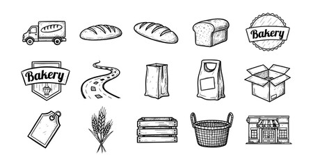 Hand drawn bakery icon set with bread, delivery truck, and packaging elements