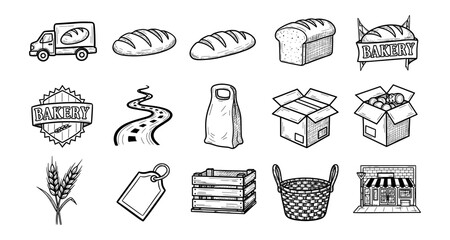 Hand-drawn bakery elements: bread, baskets, and more in black and white sketches
