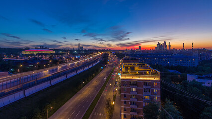 The Third Ring Road after sunset day to night timelapse aerial view from rooftop. Moscow, Russia.