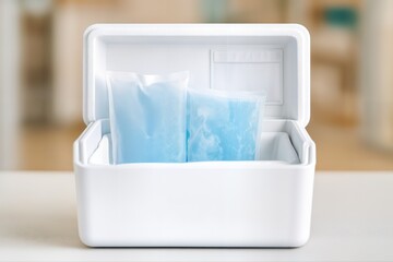 Transport Cooler in a Close Up View with Ice Packs Inside Indoors, Highlighting Its Utility for Keeping Items Fresh and Cold for Storage or Transport