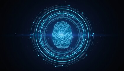 A glowing digital fingerprint with blue circuitry lines and rings, future of secure communication concept, email security and protection concept