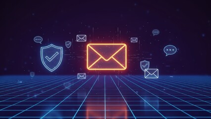A glowing envelope with holographic shield on cyber grid background, email security metrics dashboard concept, email security and protection concept