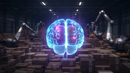 Materializing blue holographic brain rotating in warehouse emitting pink specks amid assembly arms - Powered by Adobe