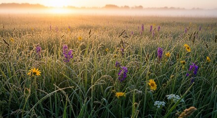 Sunrise over meadow with wildflowers and morning dew landscape