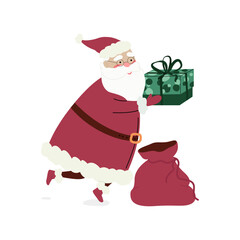 Santa Claus tiptoes quietly with a gift in his hands. Santa Claus with a sack of gifts. Cute Christmas vector illustration in flat style. Winter holiday scene isolated on white background.