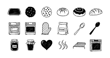 Hand drawn baking elements: bread, pastry, oven, utensils, and ingredients