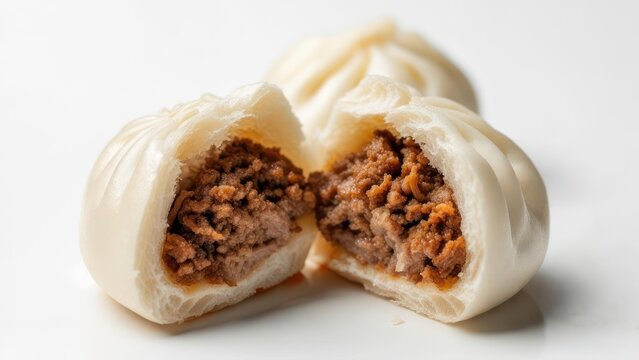 Steaming hot meat filled bao buns reveal savory, juicy, seasoned filling, a delicious Asian culinary delight ready to enjoy.