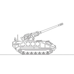 Obraz premium Artillery Tank: A detailed black and white illustration of a modern artillery tank, showcasing its intricate design and powerful weaponry.