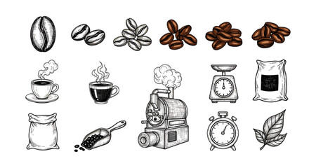 Vintage coffee elements collection with hand drawn beans and brewing icons
