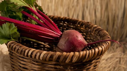 Beetroot with stems and leaves lying in wicker basket in rustic farm stall, with straw backdrop - Powered by Adobe