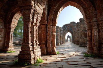 Naklejka premium Ancient stone arches and intricately carved pillars bathed in sunlight.