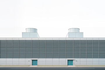 Fototapeta premium Modern data center exterior with sleek minimalist architecture, featuring ventilation structures and turquoise doors against a white sky for a crisp look