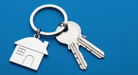 house-shaped keychain with silver keys on a bright blue background symbolizing home ownership