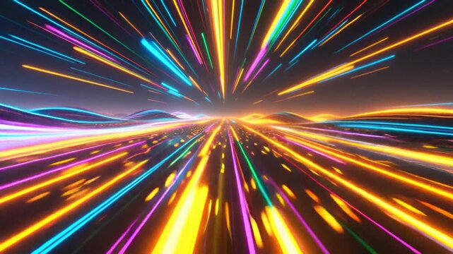 Abstract hyper speed light trails over a digital landscape at night