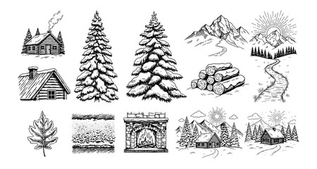 Rustic winter scenes with mountains, cabins, and forests in vintage sketch style