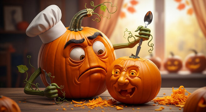 Orange pumpkin with a chef hat and sullen face next to a happy carved pumpkin with spoon, symbolizing Halloween, cooking, preparation, or autumn season