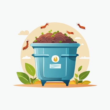 Overflowing blue dumpster with worms and organic waste.