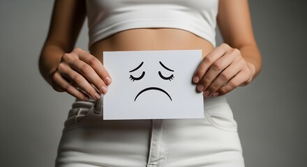 Person holding a card with a sad face over their stomach, symbolizing abdominal pain or emotional distress.