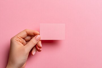 Obraz premium A person?s hand holds a rectangular pink card against a matching solid background