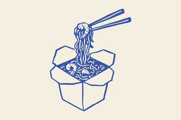 Obraz premium Wok noodles with shrimp minimalist sketch vector illustration