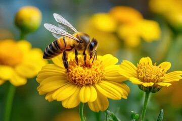 Honey bee actively gathering pollen from a vibrant yellow flower.
