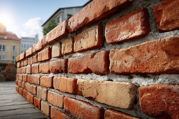 Fototapeta premium Close-up view of an aged, textured red brick wall with concrete mortar, city background.