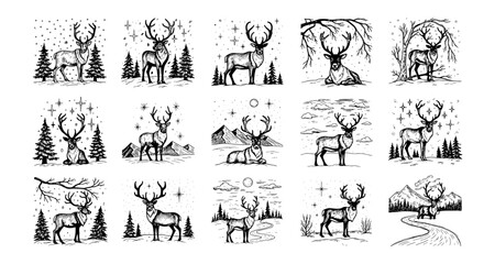 Naklejka premium Hand drawn deer in winter forest: elegant vintage nature art collection