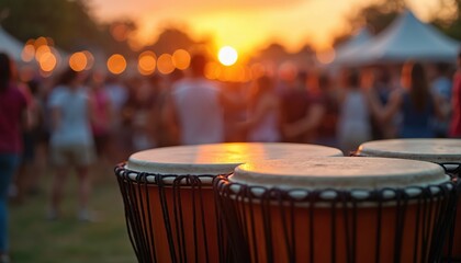 Sunset music festival features djembe drums and blurred crowd. People enjoy outdoor concert at evening. Festive atmosphere with vibrant colors. Warm light illuminates drums at event.