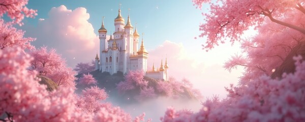 Naklejka premium Fantasy white castle with golden roofs sits on hill surrounded by pink cherry blossom trees. Sky is light blue with soft clouds. Magical dreamlike scene in pastel colors.