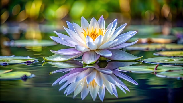 A delicate pale blue and white water lily with a vibrant yellow center floats serenely on a dark reflective pond surrounded by green lily pads and blurred foliage - Powered by Adobe