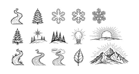 Hand drawn winter elements featuring trees, snowflakes, winding roads, and mountain scenes
