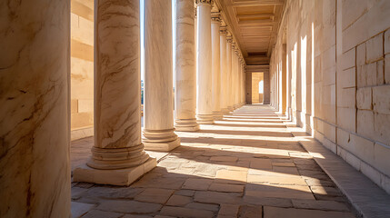 Fototapeta premium A serene pathway framed by elegant marble columns, bathed in sunlight, creating an inviting and timeless atmosphere. The corridor exudes classical beauty and architectural harmony.