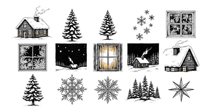 Cozy winter cabin collection with snowy scenes, pine trees, snowflakes, and frosted windows