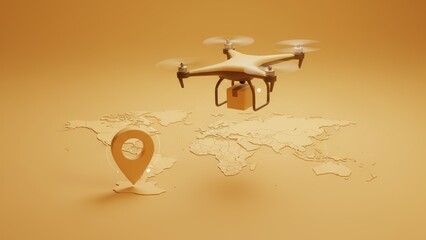 A drone carrying a package above a yellow map with a glowing pin for future delivery routes, augmented reality travel apps, and remote destination previews via AR