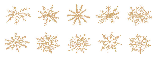 Golden snowflakes on a blue background in doodle style. Hand-drawn vector illustration of snowflakes. Festive frosty elements in a minimalist style. Snowflake icons, snow symbol. Snow