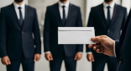 A person's hand extends a white envelope towards a line of three formally dressed men in dark suits, suggesting a business transaction or offer.