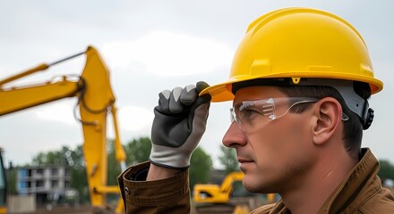 Construction worker wearing a yellow safety helmet and protective glasses at an industrial worksite with heavy machinery in the background