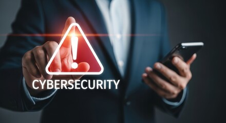 Man taps cybersecurity warning on transparent screen protecting online data in a modern workplace