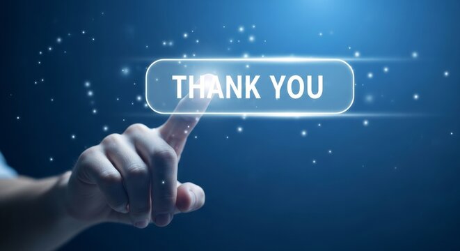 Hand pressing a glowing thank you button on a digital screen representing gratitude and appreciation