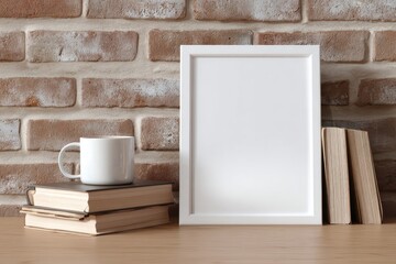 A white frame, coffee mug, and books sit on a wooden surface against a brick wall