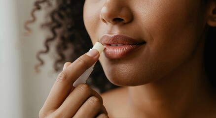 Close up of a woman applying lip balm. Beauty and skin care routine for healthy lips. Hydration and cosmetic product concept.