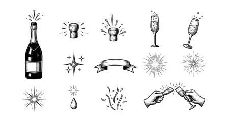 Elegant celebration elements: champagne, sparklers, toasting glasses, and decorative symbols