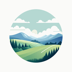 Obraz premium Scenic Mountain Landscape Illustration in Circular Frame.
