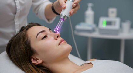 Woman having a rejuvenating facial treatment at beauty salon. Skincare device applies plasma lifting on nose area. Modern cosmetic procedure for skin health.