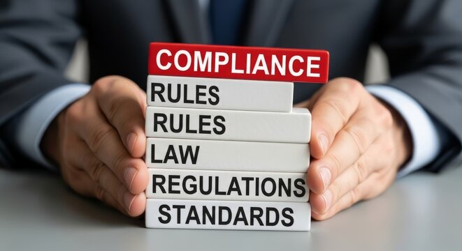 Person carefully handles compliance blocks for legal rules regulations and business ethics strategy