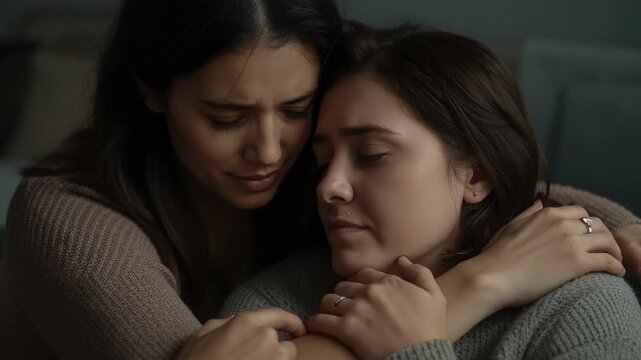Noticing distressed partner, comforting woman wrapping arms around her on living room sofa cushions