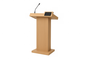 Wooden lectern with microphone and display, representing public speaking, conference, and political address